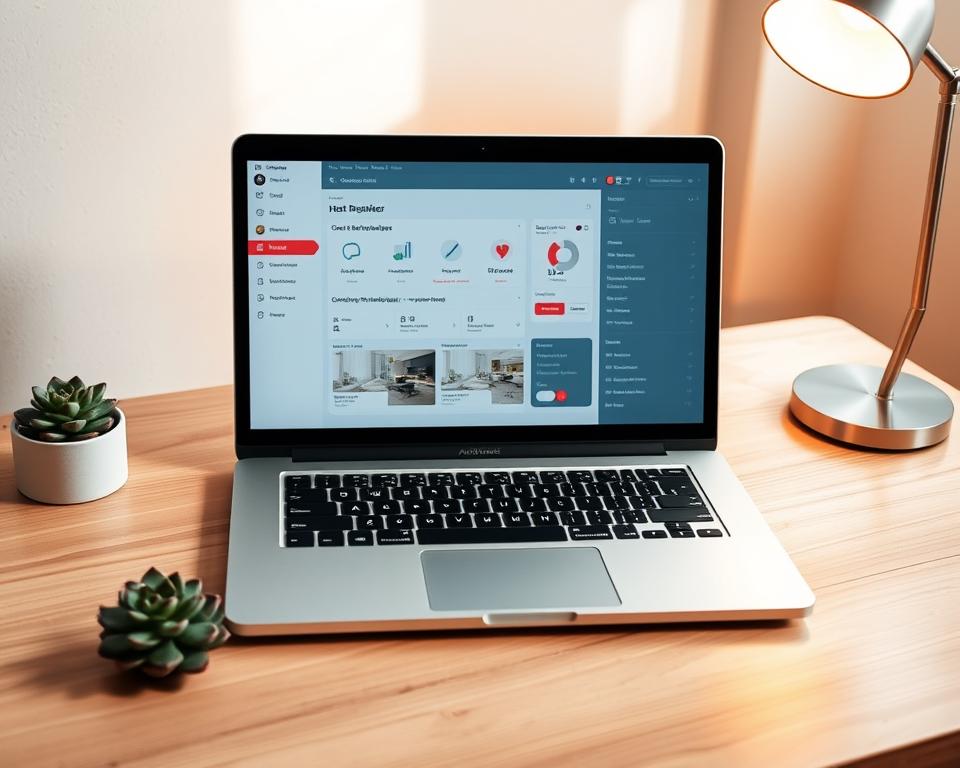 A sleek, modern laptop displaying an Airbnb host dashboard. The screen showcases a well-organized interface with analytics, reviews, and optimization settings. The laptop is set on a minimalist wooden desk, with a succulent plant and elegant desk lamp providing subtle natural accents. Soft, directional lighting casts warm shadows, creating a professional yet inviting atmosphere. The overall scene conveys a sense of efficiency and control, reflecting the ability to proactively manage Airbnb listings and guest reviews.