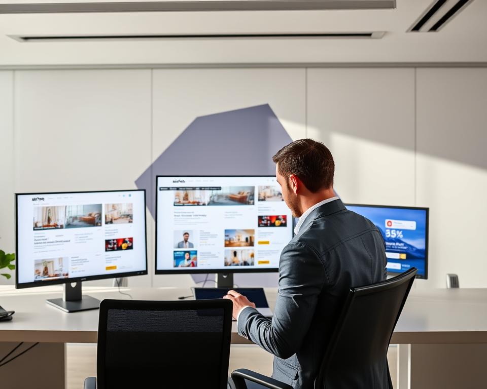 A sleek, modern office interior with a large desk and multiple computer screens displaying various Airbnb listings. In the foreground, a person in a business casual outfit closely examines the screen, comparing prices and details across competitor offerings. The lighting is soft and natural, creating a focused, analytical atmosphere. The background features abstract geometric patterns and shapes, hinting at the data-driven nature of the task. The overall scene conveys a sense of strategic market research and competitive analysis. A sleek, modern office interior with a large desk and multiple computer screens displaying various Airbnb listings. In the foreground, a person in a business casual outfit closely examines the screen, comparing prices and details across competitor offerings. The lighting is soft and natural, creating a focused, analytical atmosphere. The background features abstract geometric patterns and shapes, hinting at the data-driven nature of the task. The overall scene conveys a sense of strategic market research and competitive analysis.
