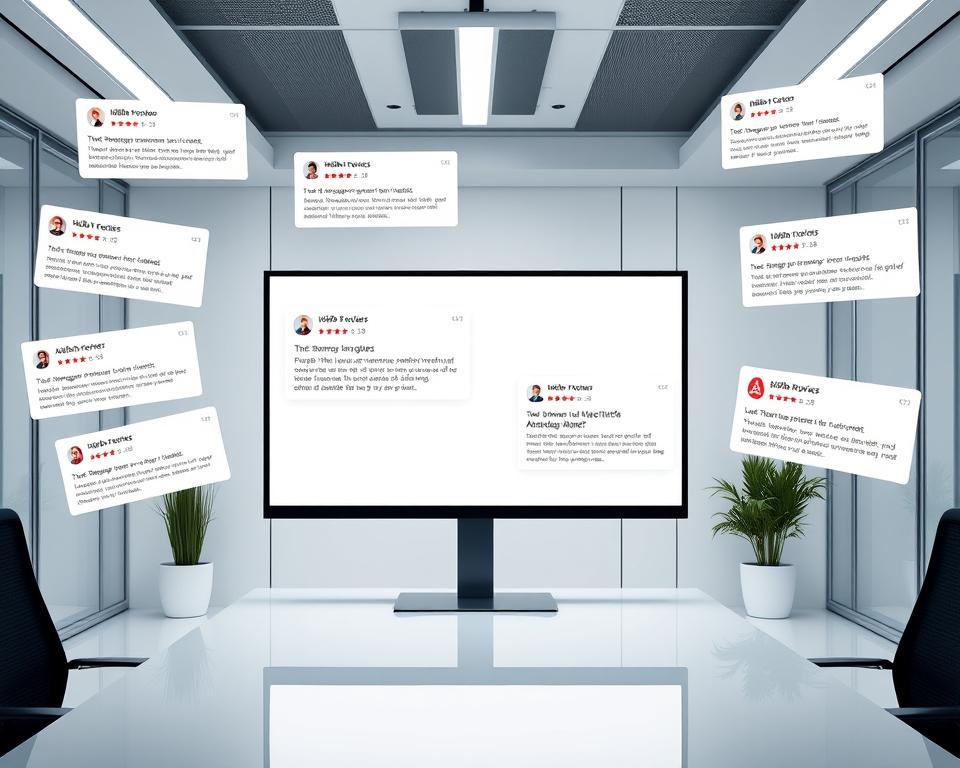 A sleek, modern office interior with a large monitor displaying Airbnb reviews. The screen is the focal point, surrounded by a minimalist, well-lit workspace with clean lines and neutral tones. Carefully curated Airbnb review snippets float around the screen, conveying the importance of guest feedback for improving a listing's search visibility and rankings. The atmosphere is professional, digital, and subtly emphasizes the crucial role of Airbnb reviews in optimizing a property's online presence and discoverability.
