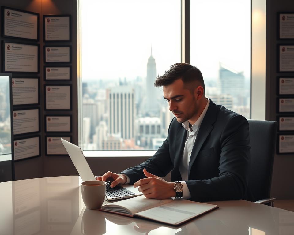 A sleek, modern office interior with a large window overlooking a bustling city skyline. In the foreground, a businessman sitting at a desk intently reviewing his laptop screen, his brow furrowed in concentration. On the desk, an open notebook and a mug of coffee. The walls are adorned with framed Airbnb reviews, each one carefully arranged to create a visually striking pattern. The lighting is soft and warm, creating a contemplative atmosphere. Through the window, the city below is alive with activity, suggesting the broader impact of online reviews on the hospitality industry.