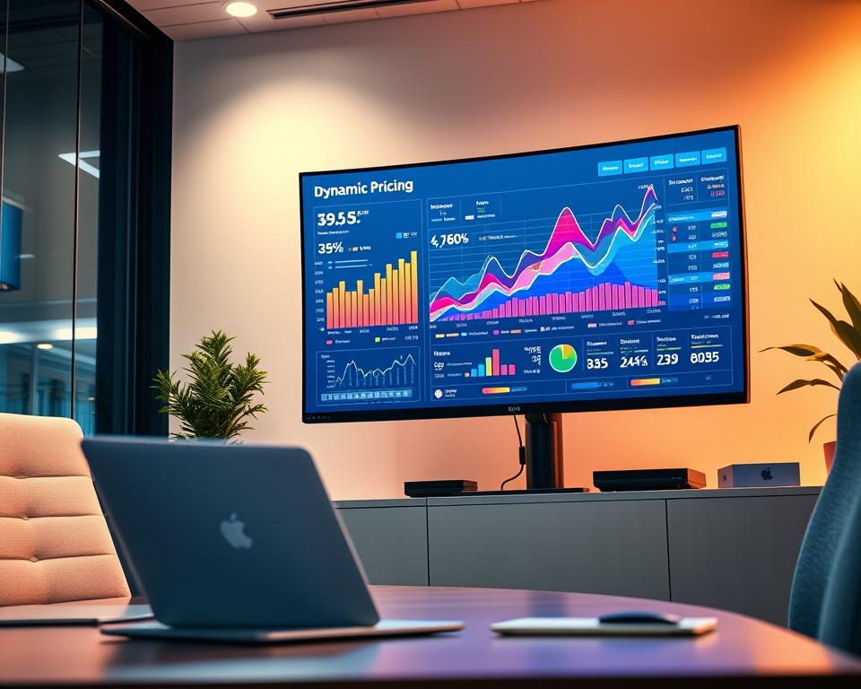 A sleek, modern office setting with a large, curved monitor displaying a dynamic pricing chart. The chart showcases vibrant colors and intricate data visualizations, reflecting the advanced analytics capabilities of PriceLabs. Diffused lighting creates a warm, professional atmosphere, highlighting the sophisticated technology at work. In the foreground, a laptop and desk accessories suggest the seamless integration of PriceLabs' tools into the workflow. The overall scene conveys the power and versatility of PriceLabs' dynamic pricing solutions.