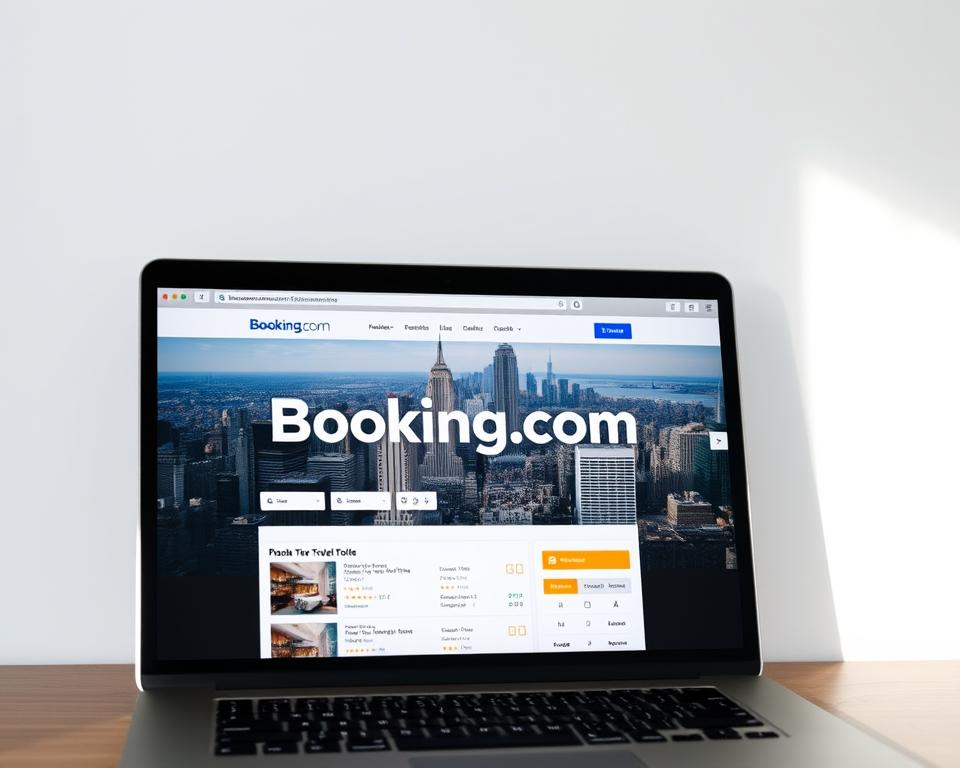 A sleek, modern website interface showcasing the Booking.com logo prominently displayed against a clean, minimalist background. In the foreground, a laptop or tablet device prominently features a traveler's booking details, with hotel images, review ratings, and reservation information. The middle ground depicts a vibrant city skyline, with iconic landmarks and architecture hinting at the global reach of the Booking.com platform. Soft, directional lighting from the side casts subtle shadows, creating depth and emphasizing the digital, technological nature of the scene. The overall tone is one of efficiency, professionalism, and the seamless integration of travel booking into the digital landscape.