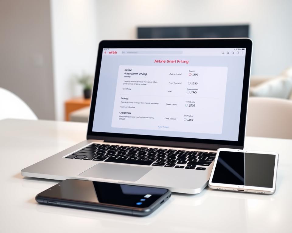 A sleek, modern workspace with a laptop, smartphone, and tablet arranged on a minimalist desk. The screen of the laptop displays the Airbnb Smart Pricing interface, showcasing various configuration options and settings. Soft, directional lighting illuminates the scene, creating a professional and insightful atmosphere. The background features a blurred, clean interior with neutral tones, emphasizing the focus on the technology and its controls. The arrangement and level of detail convey the process of setting up and managing Airbnb's dynamic pricing tool.
