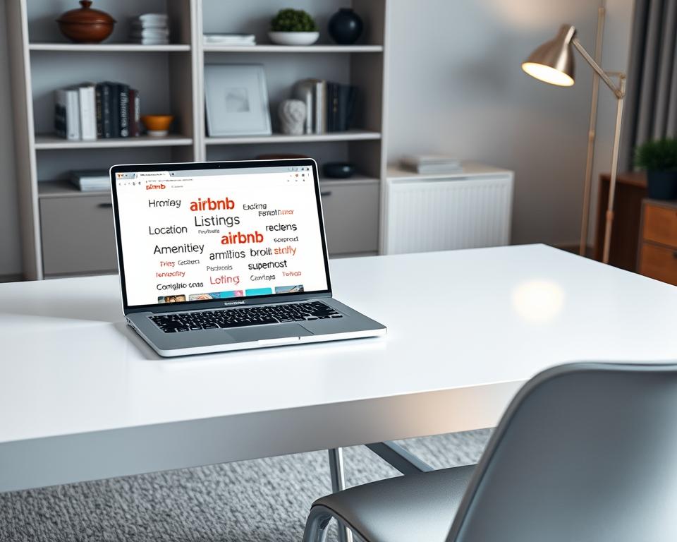 A sleek, modern workspace with a large, minimalist desk and elegant task chair. On the desk, an open laptop displays a web page with various SEO-focused keywords for Airbnb listings, such as "location," "amenities," "reviews," and "superhost." The background features a stylish bookshelf and tasteful decor, conveying a professional and well-organized environment. Soft, directional lighting from a floor lamp casts a warm glow, creating a focused and productive atmosphere. The overall scene suggests the importance of thoughtfully incorporating SEO tactics into Airbnb rental listings.