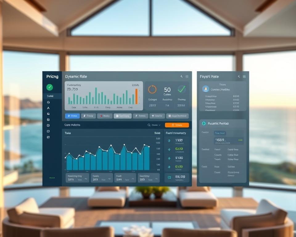 A sophisticated, data-driven pricing dashboard hovers above a luxurious vacation rental, showcasing dynamic rate adjustments based on real-time market factors. The foreground displays a sleek, intuitive interface with customizable algorithms, occupancy trends, and revenue forecasting tools. In the middle ground, a large, panoramic window frames a breathtaking coastal landscape, hinting at the property's premium location and amenities. The background is softly lit, creating a sense of tranquility and exclusivity, as if the viewer is privy to the inner workings of an elite hospitality operation.