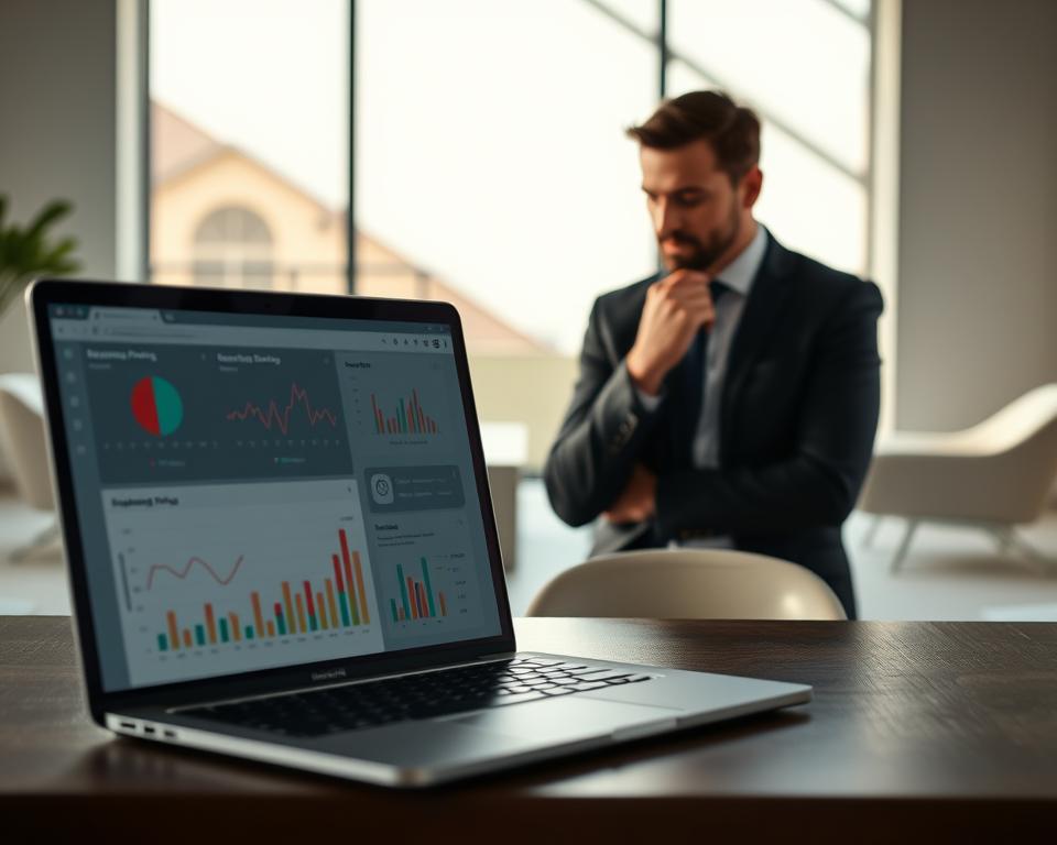A strategic Airbnb pricing display in a minimalist, modern office setting. The foreground features a laptop showing a pricing analytics dashboard, with charts and graphs conveying dynamic pricing insights. In the middle ground, a well-dressed professional examines the data, hand on chin in contemplation. The background is a clean, airy space with sleek furniture and large windows, bathed in warm, directional lighting that casts subtle shadows, creating depth and atmosphere. The overall mood is one of thoughtful, data-driven decision making, reflecting the "strategic pricing" theme.