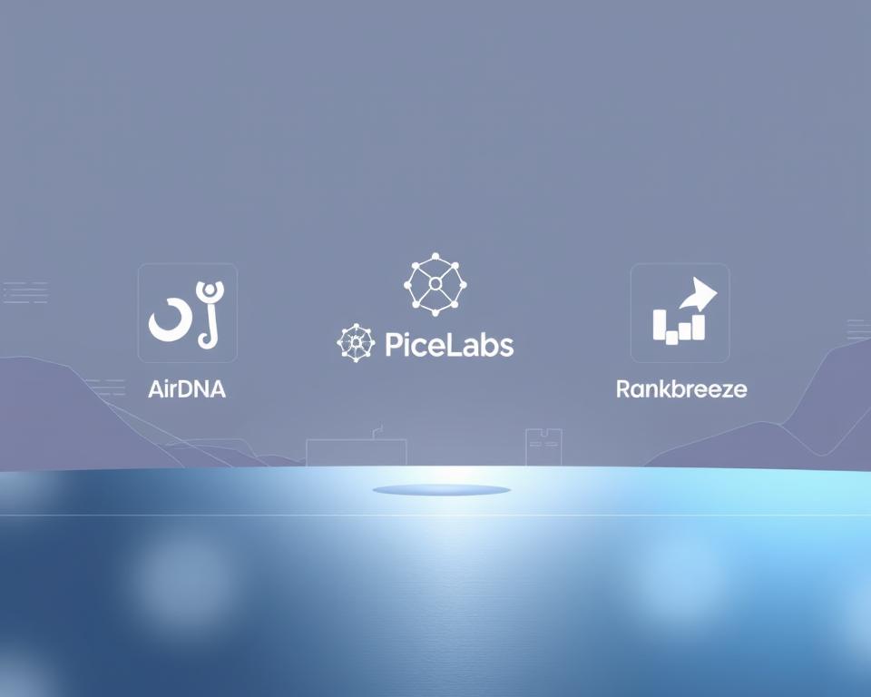 A stylish and minimalist illustration showcasing the seamless integration of AirDNA, PriceLabs, and Rankbreeze performance analysis tools. In the foreground, elegant icons representing the three platforms hover above a sleek, metallic surface, casting subtle reflections. The middle ground features a clean, monochromatic backdrop, allowing the tools to take center stage. The background subtly hints at a digital landscape, with subtle grid patterns and muted, futuristic elements creating a sense of technological sophistication. Soft, directional lighting illuminates the scene, accentuating the tools' modern design and emphasizing the harmony of their integration.