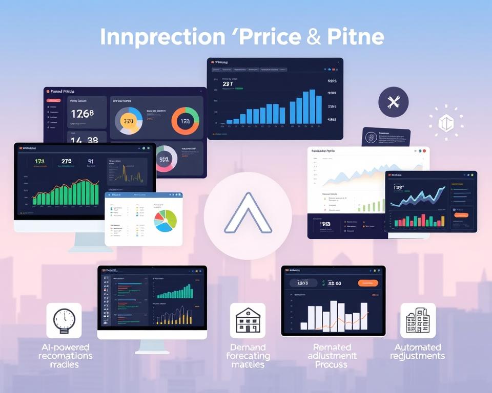 A stylized digital illustration showcasing a collection of optimization tools for rental pricing. In the foreground, sleek software interfaces and dashboards display charts, graphs, and analytics related to rental data and pricing strategies. In the middle ground, abstract geometric shapes and minimalist icons represent key features like AI-powered pricing recommendations, demand forecasting, and automated adjustments. The background features a soft, gradient-filled cityscape with modern architecture, hinting at the urban rental market context. The overall tone is professional, high-tech, and focused on data-driven rental optimization.