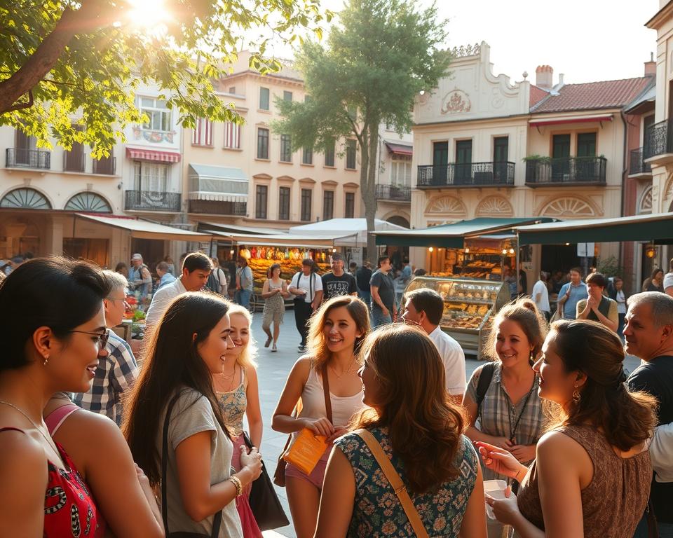 A vibrant community gathering in a cozy, well-lit town square. In the foreground, a group of diverse locals engaged in lively conversation, their faces warm and animated. In the middle ground, a bustling scene of vendors selling fresh produce, artisanal crafts, and delectable baked goods from quaint stalls. The background features a charming mix of historic buildings, their facades adorned with colorful murals and decorative accents, creating a sense of cultural richness. Soft, golden sunlight filters through the trees, casting a welcoming glow over the entire scene, and a sense of togetherness and shared experience permeates the atmosphere.