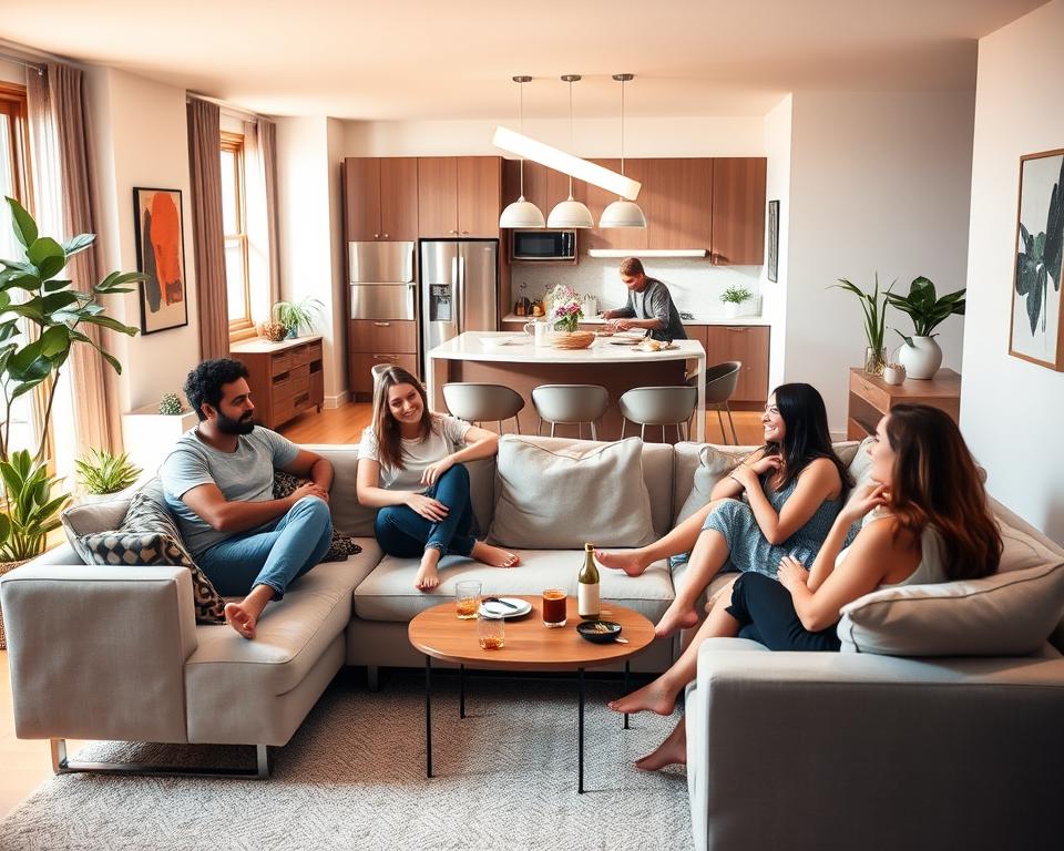 A vibrant, modern apartment interior showcasing Airbnb guests in a natural, relaxed setting. In the foreground, a group of friends lounge on a plush, minimalist sofa, engaged in lively conversation. Warm, diffused lighting from large windows creates a cozy, inviting atmosphere. In the middle ground, a well-appointed kitchen with sleek appliances and a central island, where a couple prepares a meal together. The background features elegant decor, including potted plants and abstract artwork, reflecting the tasteful, upscale aesthetic of the rental. An overall sense of comfort, hospitality, and the enjoyment of shared experiences pervades the scene. A vibrant, modern apartment interior showcasing Airbnb guests in a natural, relaxed setting. In the foreground, a group of friends lounge on a plush, minimalist sofa, engaged in lively conversation. Warm, diffused lighting from large windows creates a cozy, inviting atmosphere. In the middle ground, a well-appointed kitchen with sleek appliances and a central island, where a couple prepares a meal together. The background features elegant decor, including potted plants and abstract artwork, reflecting the tasteful, upscale aesthetic of the rental. An overall sense of comfort, hospitality, and the enjoyment of shared experiences pervades the scene.