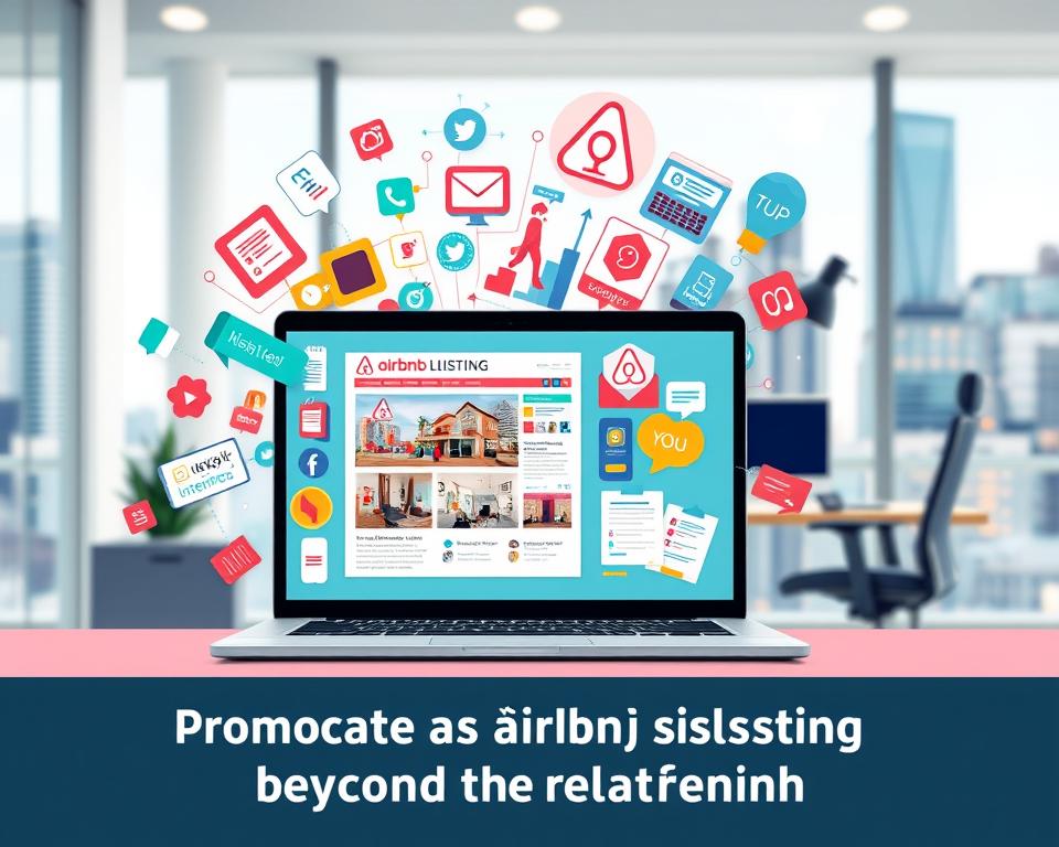 A visually striking digital illustration showcasing a vibrant and dynamic Airbnb listing promotion. The foreground features a laptop screen displaying an Airbnb listing, surrounded by a collage of digital marketing elements such as social media icons, advertising banners, and analytics dashboards. The middle ground depicts a modern, minimalist office setting with a stylish desk, ergonomic chair, and strategic lighting. The background presents a blurred cityscape, conveying a sense of urban energy and connectivity. The overall composition should exude a professional, tech-savvy aesthetic that effectively communicates the concept of "promoting an Airbnb listing beyond the platform."