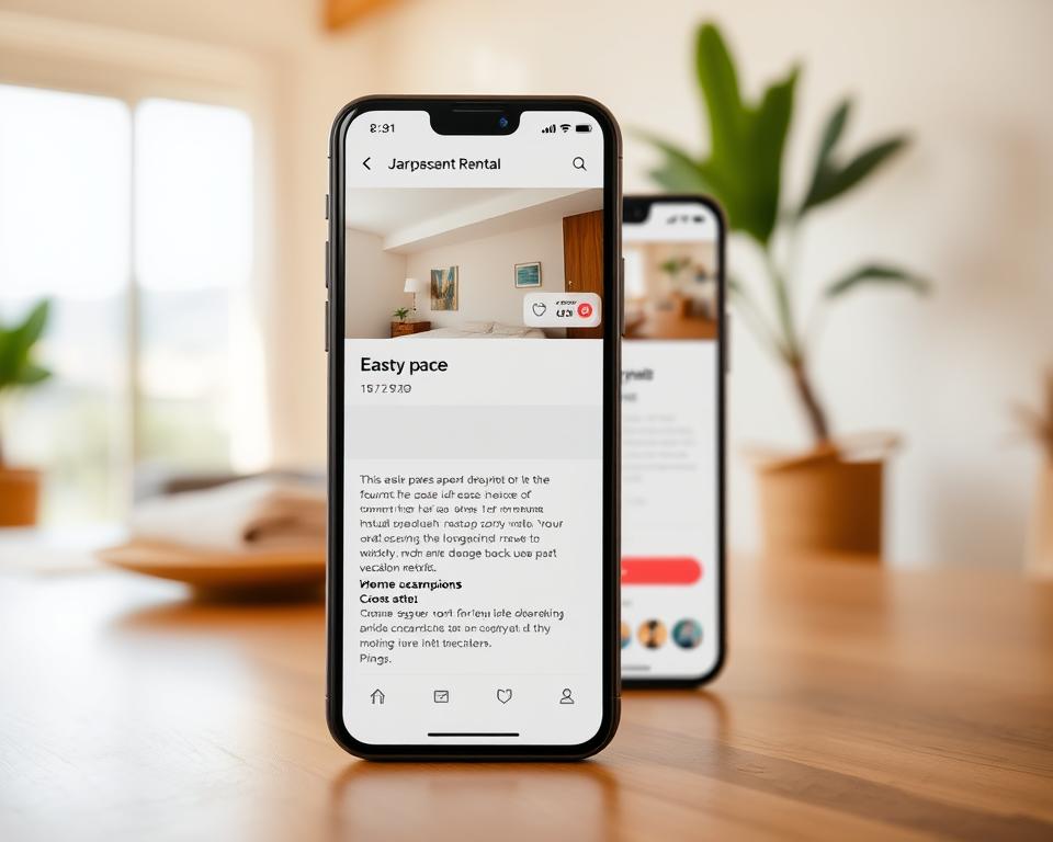 A well-designed and mobile-optimized Airbnb listing page with a clean, minimalist aesthetic. The foreground features a large, high-quality image of an inviting vacation rental, showcasing its key features. The middle ground presents a simple, legible layout with key details like property description, amenities, and pricing, all formatted for easy readability on a smartphone screen. The background has a subtle, blurred landscape or architectural element that complements the rental's style. Warm, natural lighting creates a cozy, welcoming atmosphere. The overall composition draws the viewer's eye through the page, highlighting the most important information in a visually engaging manner. A well-designed and mobile-optimized Airbnb listing page with a clean, minimalist aesthetic. The foreground features a large, high-quality image of an inviting vacation rental, showcasing its key features. The middle ground presents a simple, legible layout with key details like property description, amenities, and pricing, all formatted for easy readability on a smartphone screen. The background has a subtle, blurred landscape or architectural element that complements the rental's style. Warm, natural lighting creates a cozy, welcoming atmosphere. The overall composition draws the viewer's eye through the page, highlighting the most important information in a visually engaging manner.