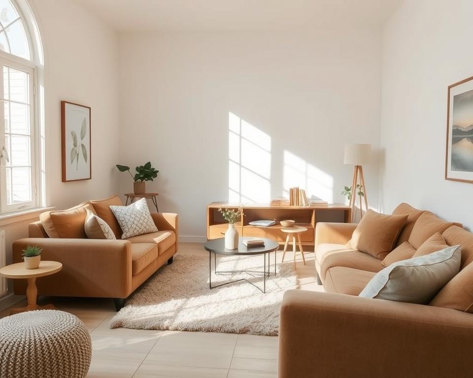 A well-lit and neatly organized Airbnb listing, showcasing a cozy and inviting living room. The space is filled with natural light, casting a warm glow on the plush, earth-toned furniture and minimalist decor. Soft textures, such as a fluffy rug and throw pillows, create a comfortable and relaxing atmosphere. The room's layout is thoughtfully designed, with a central seating area and a backdrop of neutral-toned walls and artwork. The overall impression is one of simplicity, cleanliness, and attention to detail, reflecting the clear and precise description that would appeal to a diverse, international audience.