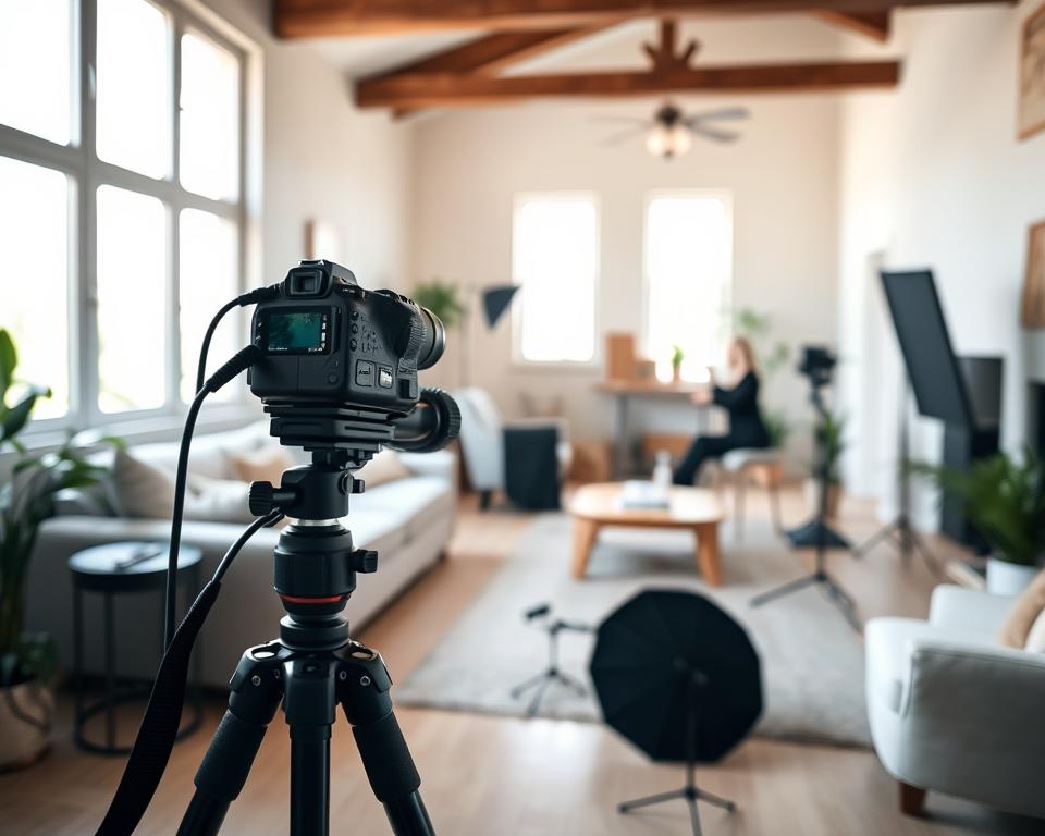 A well-lit, cozy vacation rental home showcasing a DIY photo shoot setup. In the foreground, a professional-grade camera on a sturdy tripod is positioned to capture the scene. Soft natural light floods the space through large windows, casting a warm glow. The middle ground features an array of reflectors, diffusers, and other photography equipment neatly arranged. In the background, the minimalist, rustic-chic interior design provides a stylish backdrop, with exposed wooden beams, neutral-toned furnishings, and potted plants adding texture and depth. The overall mood is one of relaxed, effortless elegance, conveying the idea of a seamless, high-quality photo shoot without a professional photographer.