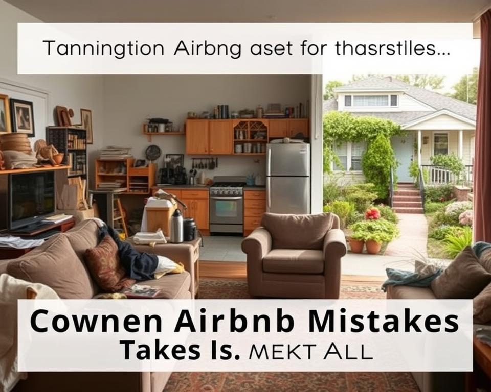 A well-lit, detailed scene depicting common Airbnb hosting mistakes to avoid. In the foreground, a messy, disorganized living room with clutter, outdated furniture, and poor lighting. The middle ground showcases a kitchen with unsanitary conditions, outdated appliances, and poorly stocked pantry. In the background, an exterior shot of an Airbnb property with poor curb appeal, overgrown landscaping, and a dated, unappealing facade. The overall mood is one of an unprofessional, unappealing Airbnb experience that potential guests should steer clear of. Realistic textures, natural lighting, and a slightly muted color palette convey a sense of authenticity.
