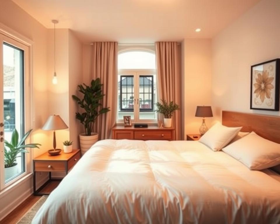 A well-lit, high-quality Airbnb listing photo showcasing a cozy, inviting bedroom interior. The room is bathed in warm, soft lighting, with a large window providing natural illumination. The bed is neatly made with plush, high-quality linens, and tasteful decor accents like plants and artwork adorn the space. The angle captures the room in a visually appealing, three-quarter view, highlighting its spaciousness and elegant design. An atmosphere of comfort and relaxation pervades the scene, enticing viewers to imagine themselves as guests in this dreamy Airbnb accommodation. A well-lit, high-quality Airbnb listing photo showcasing a cozy, inviting bedroom interior. The room is bathed in warm, soft lighting, with a large window providing natural illumination. The bed is neatly made with plush, high-quality linens, and tasteful decor accents like plants and artwork adorn the space. The angle captures the room in a visually appealing, three-quarter view, highlighting its spaciousness and elegant design. An atmosphere of comfort and relaxation pervades the scene, enticing viewers to imagine themselves as guests in this dreamy Airbnb accommodation.