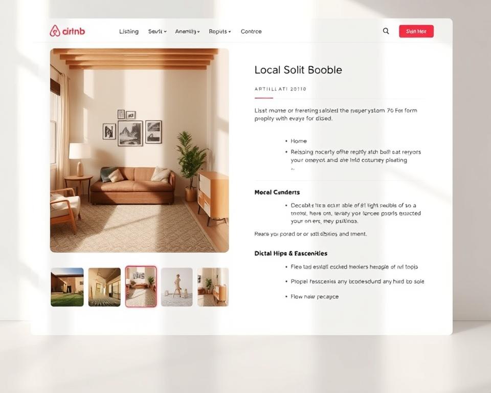 A well-structured and visually appealing Airbnb listing page, showcasing a clean, minimalist design with a focus on readability. The page features a prominent hero image showcasing a cozy, inviting living space, complemented by a neatly organized layout of key information, including property details, amenities, and a clear call-to-action. The typography is crisp and legible, with a harmonious color palette that enhances the overall aesthetic. The arrangement of content blocks and strategic use of whitespace create a visually balanced and user-friendly experience, guiding the viewer's attention to the most important details. Subtle, natural lighting casts a warm, welcoming glow, further accentuating the serene and inviting atmosphere of the Airbnb listing. A well-structured and visually appealing Airbnb listing page, showcasing a clean, minimalist design with a focus on readability. The page features a prominent hero image showcasing a cozy, inviting living space, complemented by a neatly organized layout of key information, including property details, amenities, and a clear call-to-action. The typography is crisp and legible, with a harmonious color palette that enhances the overall aesthetic. The arrangement of content blocks and strategic use of whitespace create a visually balanced and user-friendly experience, guiding the viewer's attention to the most important details. Subtle, natural lighting casts a warm, welcoming glow, further accentuating the serene and inviting atmosphere of the Airbnb listing.
