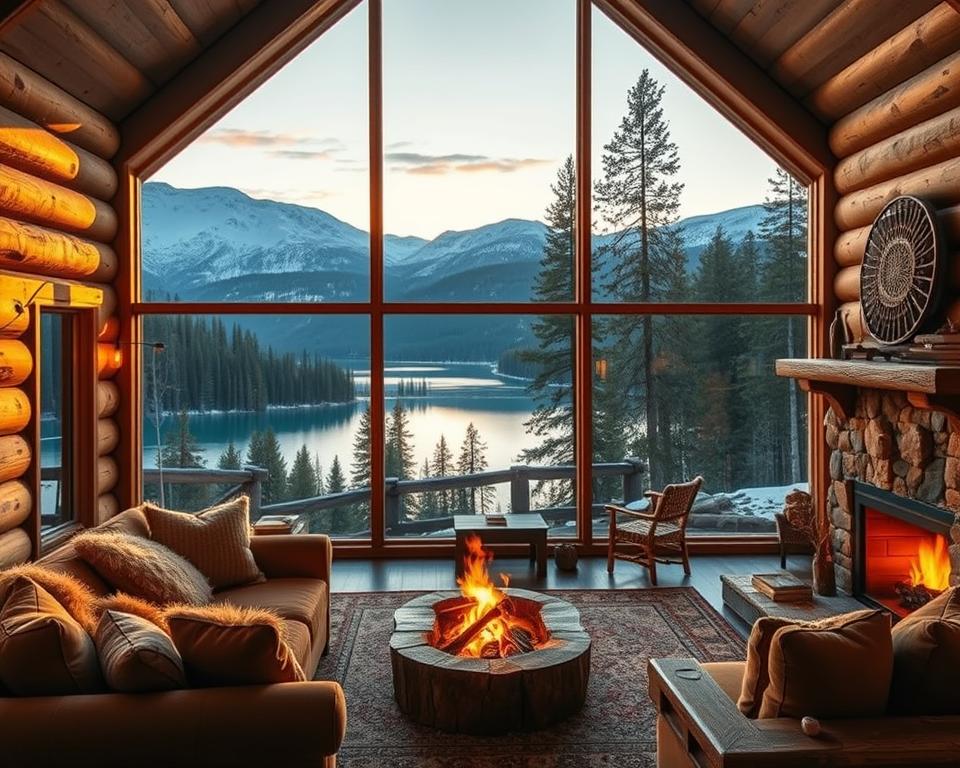 An immersive Airbnb rental nestled in a cozy mountain cabin, bathed in warm, golden-hour lighting. The rustic, wooden exterior blends seamlessly with the lush, evergreen forest in the background. Through the large, picture windows, a breathtaking panoramic view of snow-capped peaks and a serene, crystalline lake unfolds. Inside, the space is filled with inviting, natural textures - plush, earthy-toned fabrics, polished wood furnishings, and a roaring fireplace that casts a flickering glow. This serene, secluded haven exudes a sense of tranquility and escape, beckoning the viewer to step inside and lose themselves in the peaceful, mountain retreat. An immersive Airbnb rental nestled in a cozy mountain cabin, bathed in warm, golden-hour lighting. The rustic, wooden exterior blends seamlessly with the lush, evergreen forest in the background. Through the large, picture windows, a breathtaking panoramic view of snow-capped peaks and a serene, crystalline lake unfolds. Inside, the space is filled with inviting, natural textures - plush, earthy-toned fabrics, polished wood furnishings, and a roaring fireplace that casts a flickering glow. This serene, secluded haven exudes a sense of tranquility and escape, beckoning the viewer to step inside and lose themselves in the peaceful, mountain retreat.