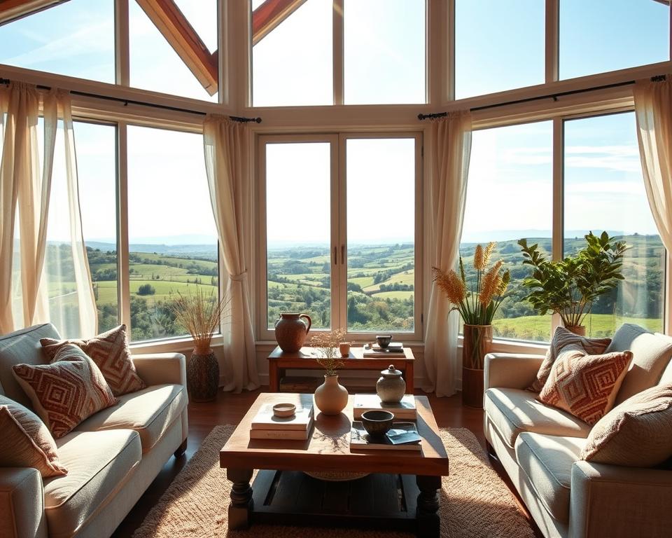 Attractive Airbnb photos: A cozy, sun-drenched living room with large windows overlooking a scenic countryside. Soft natural lighting filters through sheer curtains, illuminating plush furniture and rustic wooden accents. In the middle ground, a well-curated selection of stylish decor pieces creates an inviting ambiance. The background features lush, rolling hills and a tranquil, azure sky, conveying a sense of peaceful escapism. The overall composition evokes a warm, welcoming atmosphere that would captivate potential Airbnb guests.