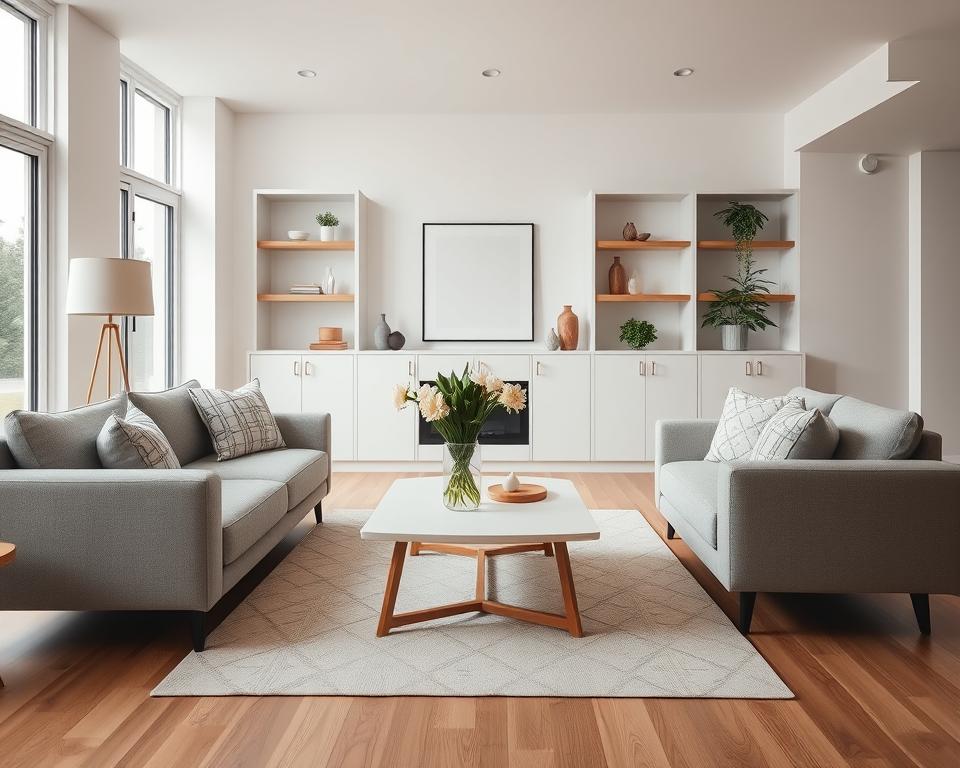 High-quality professional Airbnb photography showcasing a modern, inviting living room. The scene features a spacious, well-lit room with large windows allowing natural light to flood the space. In the foreground, a comfortable couch and armchair are strategically positioned to create an intimate conversation area. The middle ground showcases a minimalist, Scandinavian-inspired coffee table topped with a vase of fresh flowers. In the background, built-in shelves display decorative accents and plants, adding a touch of greenery. The lighting is soft and even, creating a warm, welcoming atmosphere. The camera angle is slightly elevated to capture the full depth of the room, emphasizing the sense of space and openness. The overall composition is balanced and visually appealing, highlighting the stylish, high-end aesthetic of the Airbnb property.