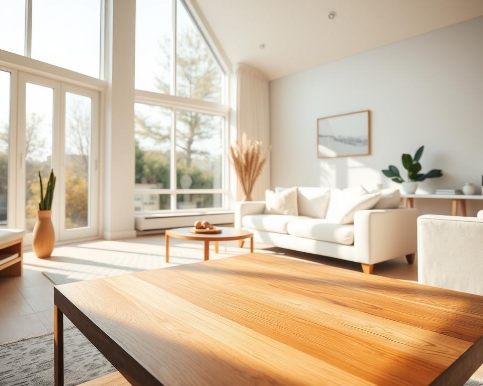 Natural lighting for Airbnb photo shoot: A bright, airy living room with large windows that let in abundant natural light, casting a warm, soft glow throughout the space. The room features modern, minimalist decor with clean lines and neutral tones, creating a calming, inviting atmosphere. A sleek, wooden coffee table sits in the foreground, while in the background, a plush, white sofa and armchair are positioned to capture the natural lighting at its best. The scene exudes a sense of tranquility and serenity, perfect for showcasing the appeal of an Airbnb property.